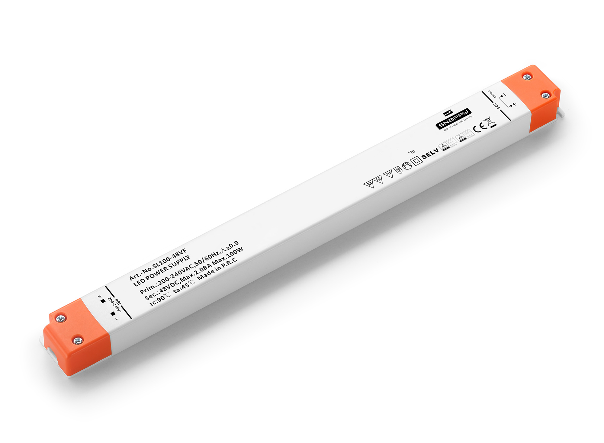 SL100-48VF  100W; Constant Voltage Non Dimmable LED Driver; 48VDC; 2.08A; Input 200-240VAC 50/60Hz; IP20.